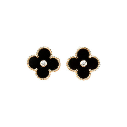 [Grace Jewelry]CLOVER MEDIUM 1 MOTIFS ONYX DIAMOND EARRINGS