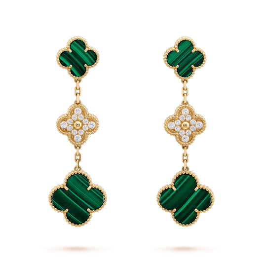 [Grace Jewelry]CLOVER EARRINGS GOLD MALACHITE DIAMOND 3 MOTIF