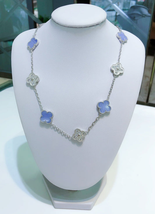 [Grace Jewelry]CLOVER 10 MOTIFS CHALCEDONY DIAMONDS SILVER NECKLACE