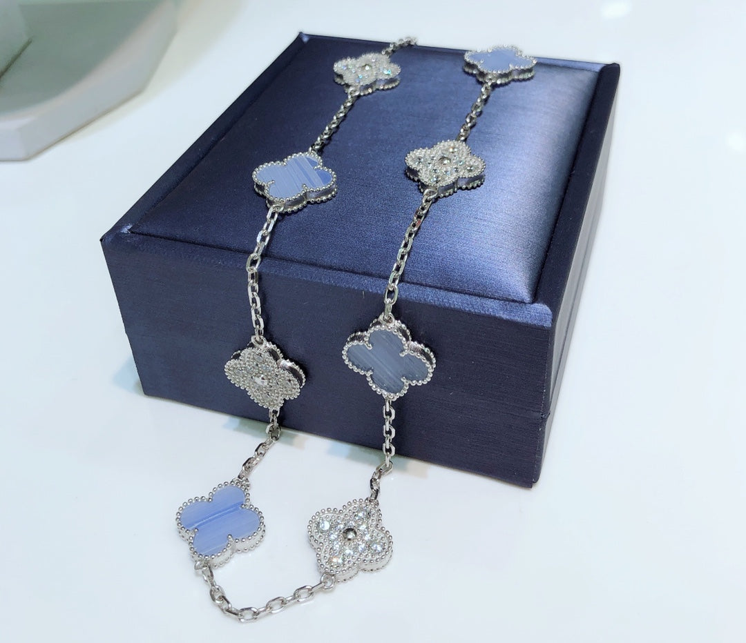 [Grace Jewelry]CLOVER 10 MOTIFS CHALCEDONY DIAMONDS SILVER NECKLACE